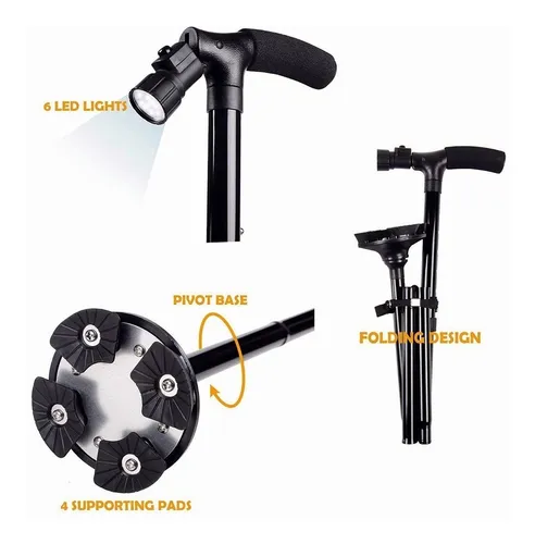 Bastón negro con luz para adulto mayor