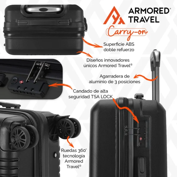 Maleta De Viaje Rígida Carry On De Mano Cabina 20 Pulgadas 10 Kg Modelo Stone Color Negro Con Candado Alta Seguridad Tsa Lock Armored Travel