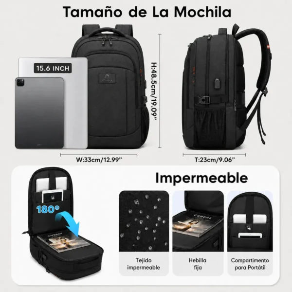 Mochila Para Laptop Hombre Impermeable Reforzada Antirrobo 15.6 Pulgadas USB Viaje Escolar Grande Capacidad 35L Negro