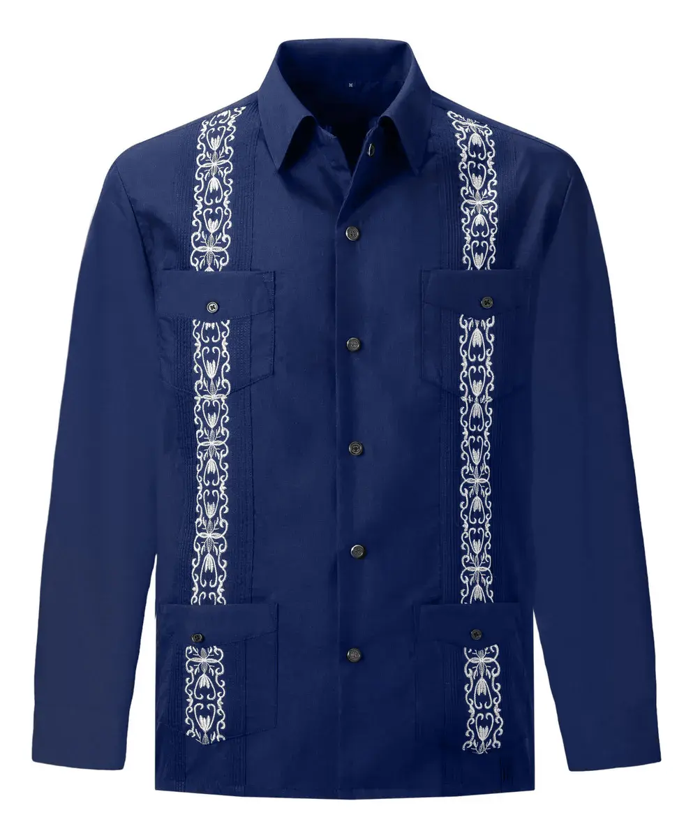 Camisa Guayabera Bordada Multibolsillos Manga Larga Hombre