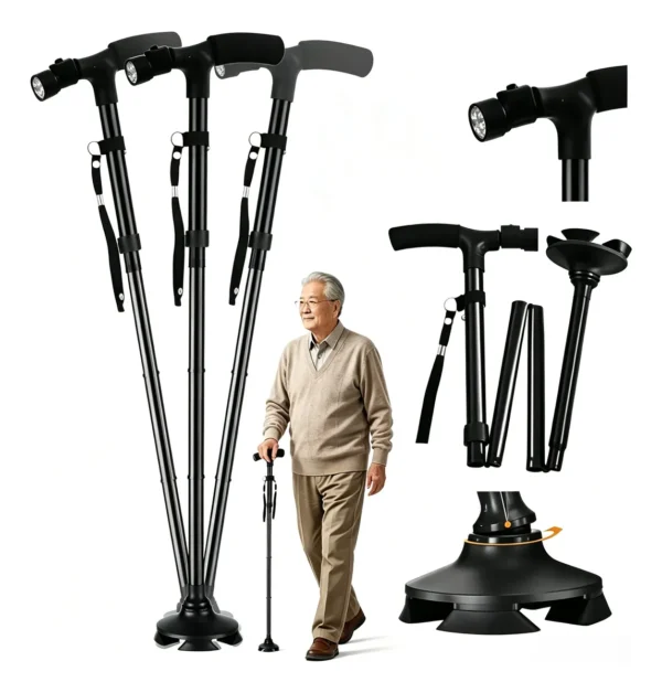 Bastón Portatil Plegable De Aluminio 4 Patas Con Luces Led