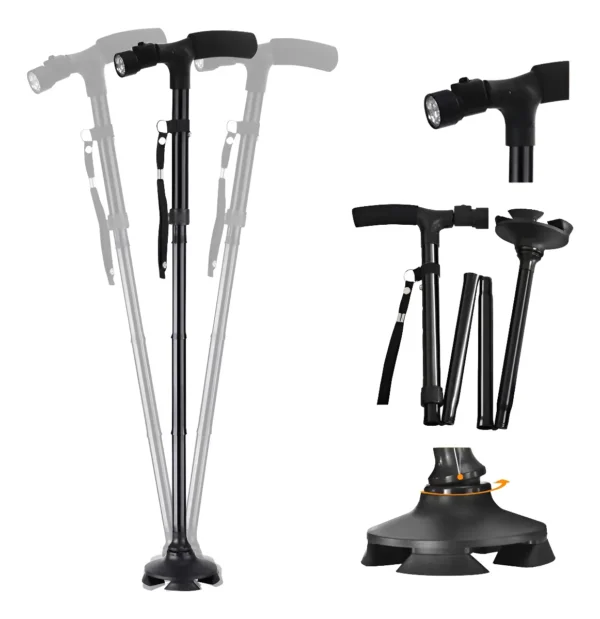 Bastón Portatil Plegable De Aluminio 4 Patas Con Luces Led
